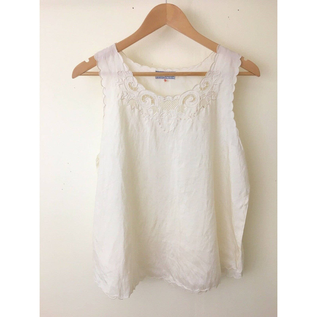 Vintage silk top size M/L sleeveless Vietnamese blouse semi sheer ivory lace detail