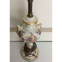 Load image into Gallery viewer, Vintage table lamp floral porcelain gold trim brass fixtures
