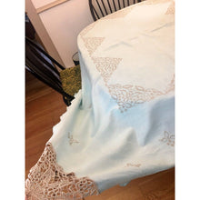 Load image into Gallery viewer, Vintage linen tablecloth light blue embroidered lace corners 80&quot; x 72&quot; rectangle
