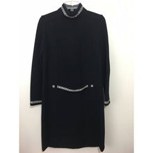 Load image into Gallery viewer, Vintage 1960s Dress Size 12 Black Long Sleeve Rhinestone Collar Cuff Belt Wool
