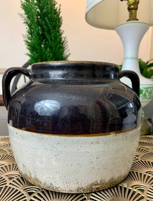 Primitive antique baked bean pot crock with handles stoneware ceramic