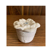Load image into Gallery viewer, Vintage ceramic covered jewelry dish white basket weave floral
