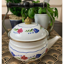 Load image into Gallery viewer, Vintage enamelware metal teapot white painted flowers wood handle
