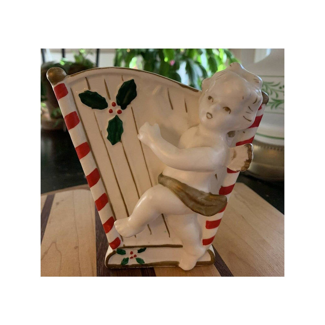 Vintage Inarco ceramic Christmas Cherub playing a harp vase